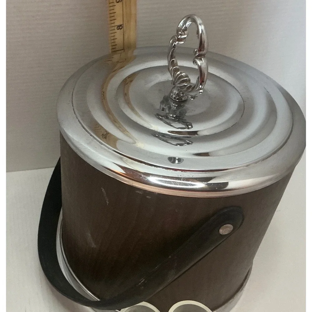 Vintage Ice Bucket with 6 Assorted Shot Glasses Wood Grain MCM Style